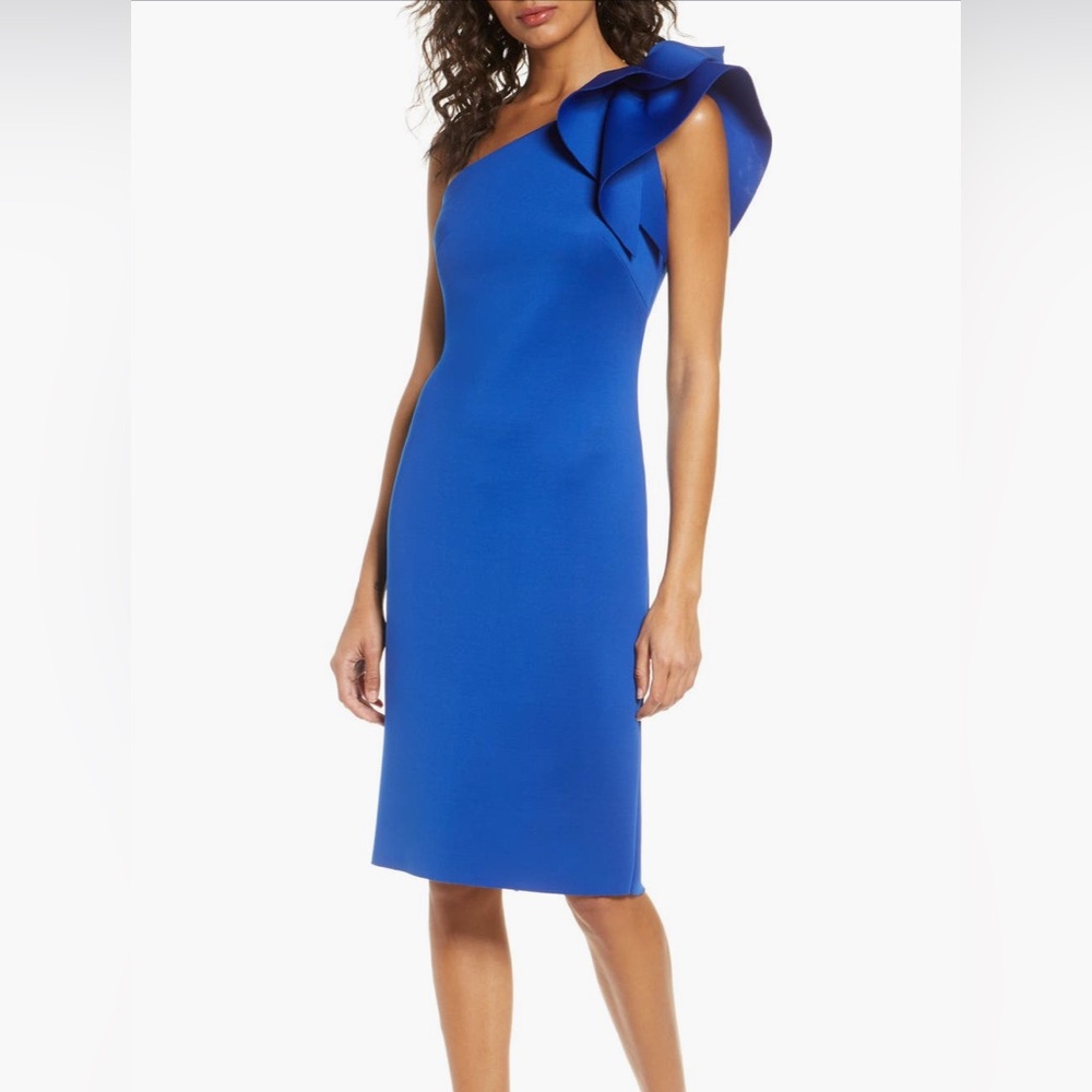 Eliza J Ruffle Shoulder Scuba Dress
